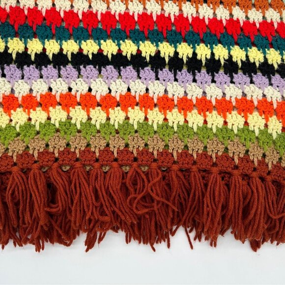 Vintage Afghan Throw Blanket Rainbow Stripes Fringe Handmade Warm Snuggly - Picture 4 of 7